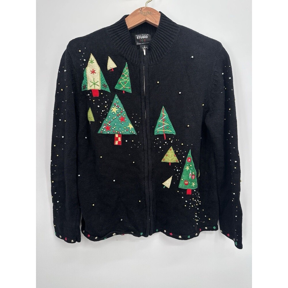 Vintage Berek Ugly Christmas Sweater Beaded Christmas‎ Trees Womens S